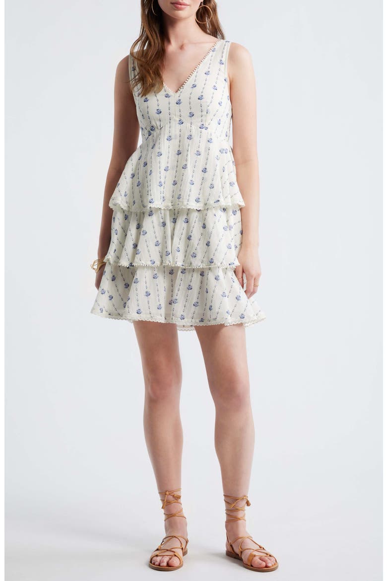Floral Tiered Minidress, Main, color, IVORY- BLUE SYDNEY GEO