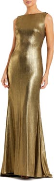 Mac Duggal Metallic Column Evening Gown with Elegant Cowl Back