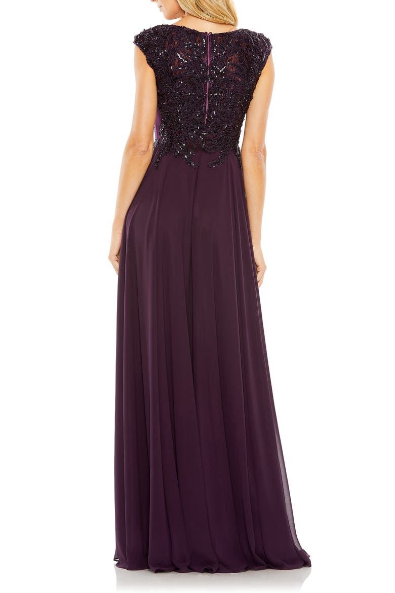 Applique And Jeweled Encrusted Cap Sleeve Chiffon Gown, Alternate, color, AUBERGINE