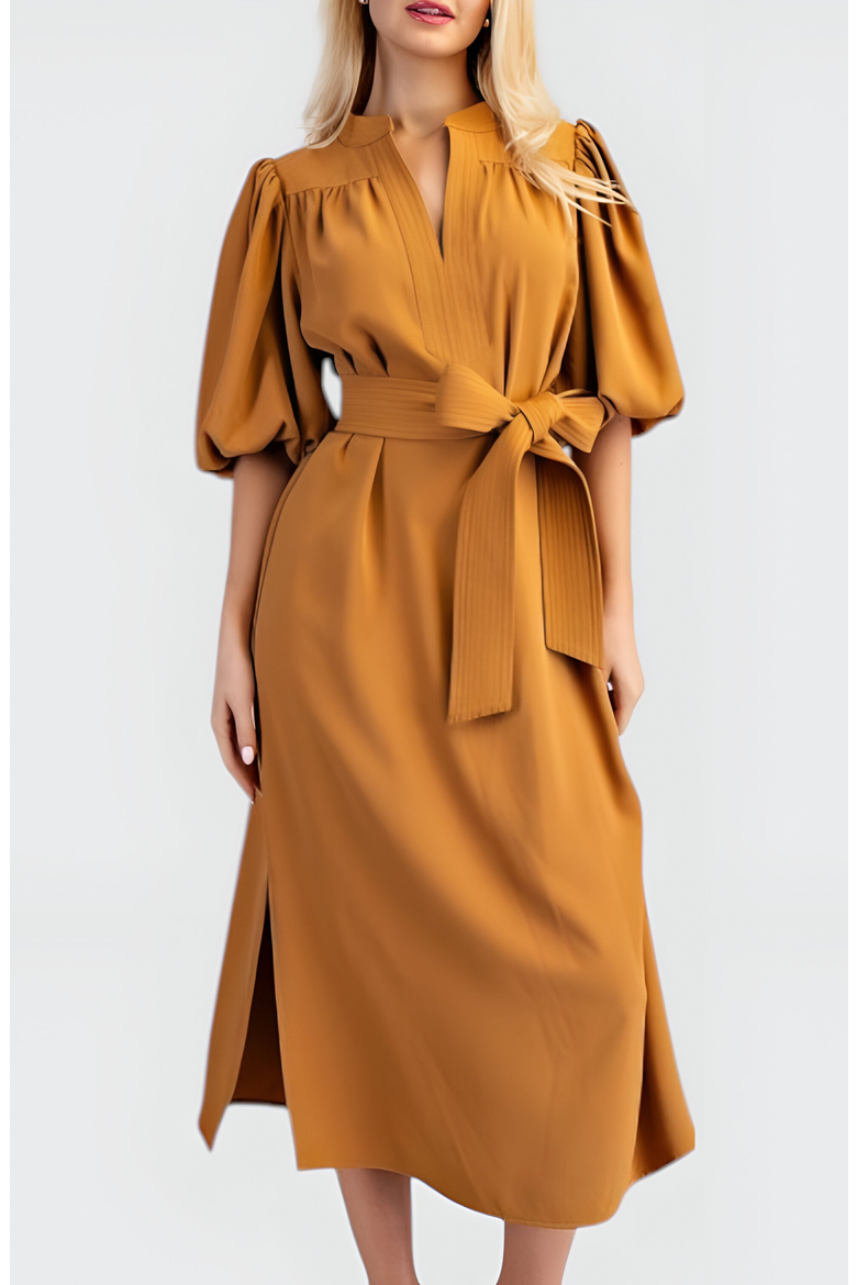 Puff Sleeve Midi Dress with Belt, Alternate, color, Black