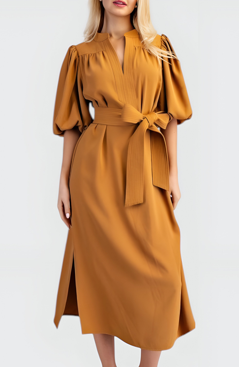 Modenaire Puff Sleeve Midi Dress with Belt, Alternate, color, Black