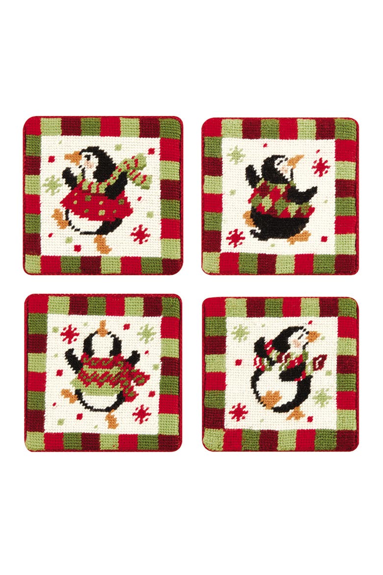 4" Dancing Penguins Holiday Petit Point Coasters Set of 4, Main, color, Off-White
