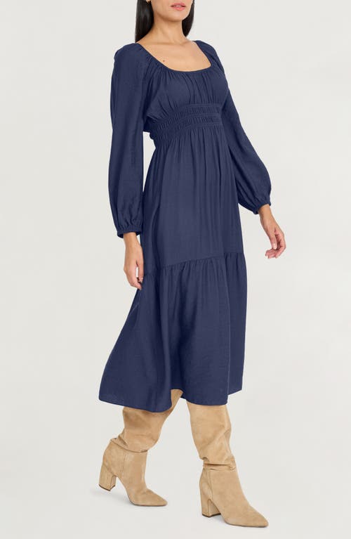 The Good Journey Long Sleeve Smocked Midi Dress In Blue