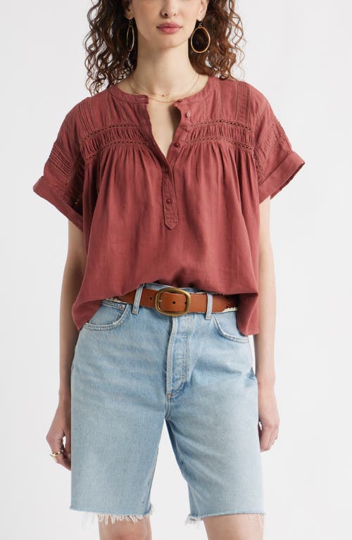 Treasure & Bond Pintuck Linen Blend Popover Top In Burgundy
