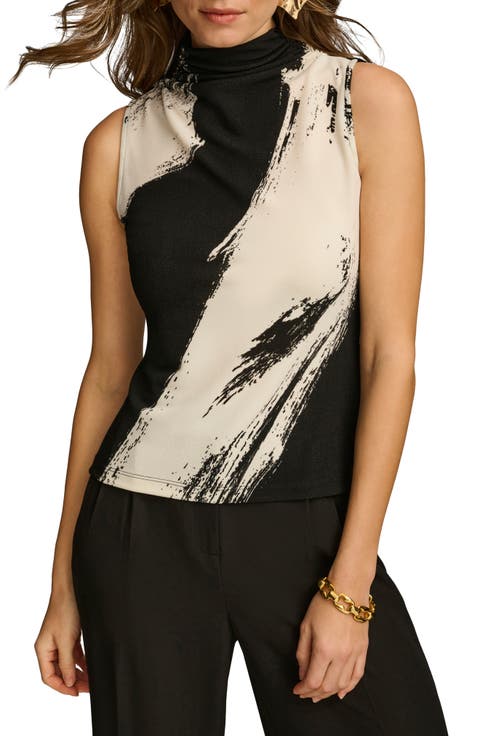 Abstract Print Sleeveless Funnel Neck Knit Top