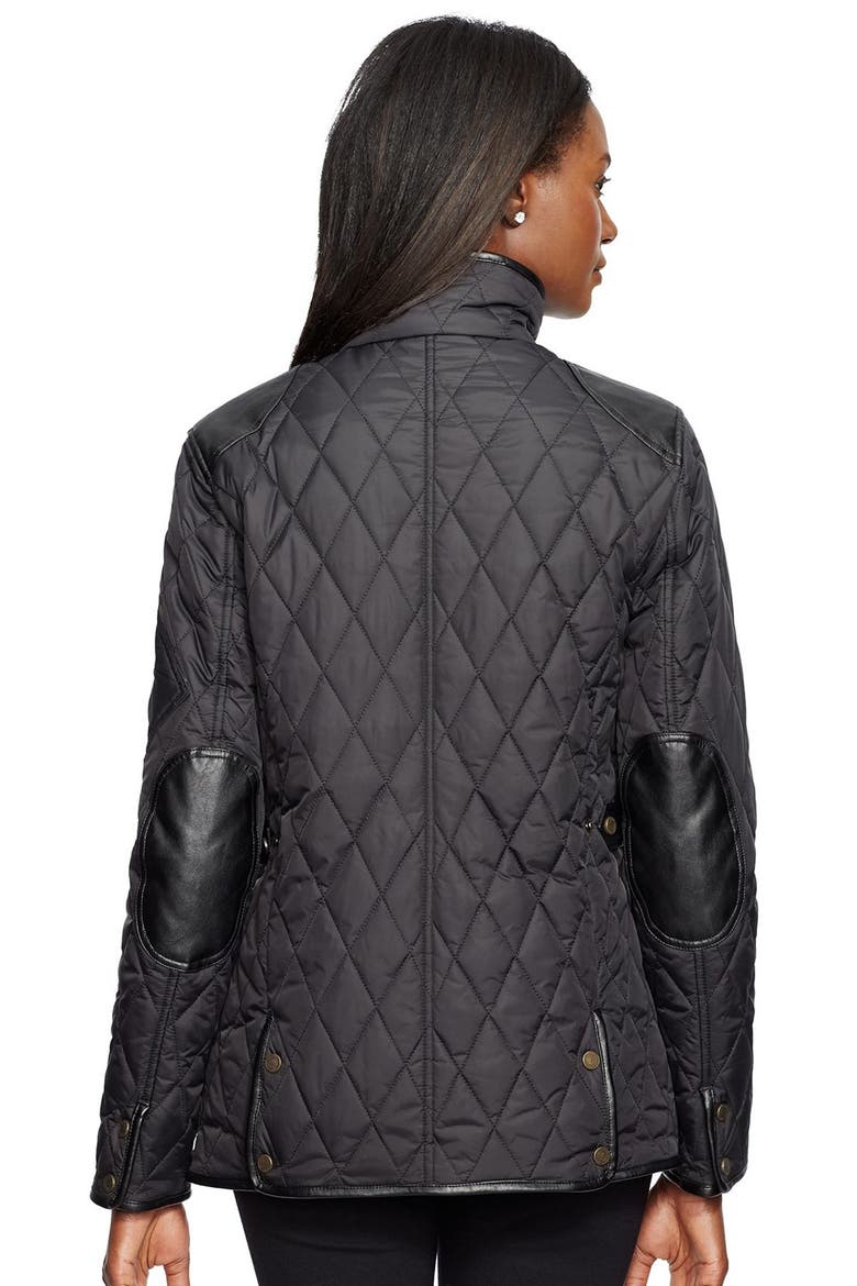Faux Leather Trim Quilted Jacket, Alternate, color, BLACK