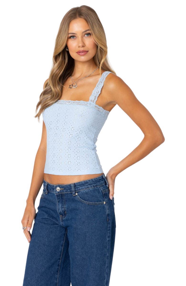 EDIKTED Virginia Lace Trim Eyelet Tank Top, Alternate, color, Light-Blue