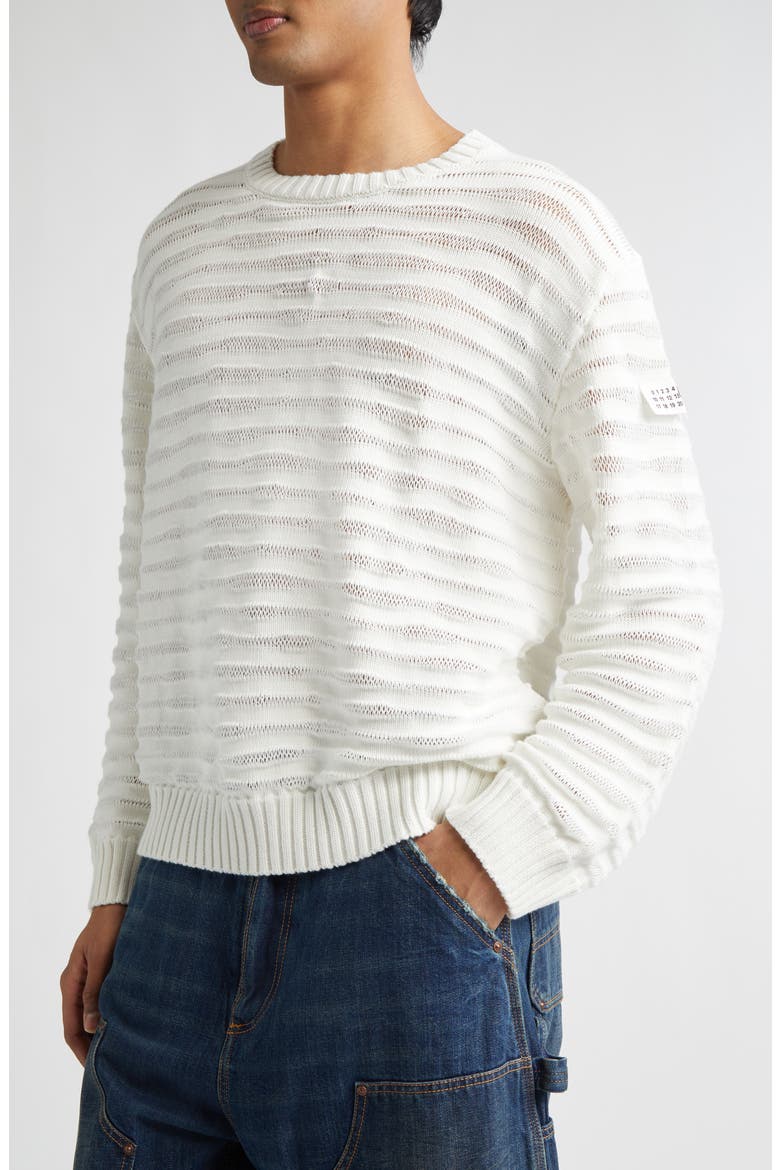 Open Knit Stripe Cotton Crewneck Sweater, Alternate, color, OFF WHITE