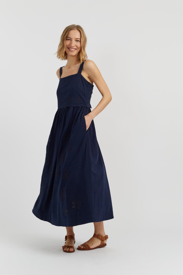 Sienna Linen-Blend Broderie Summer Dress, Alternate, color, Blue