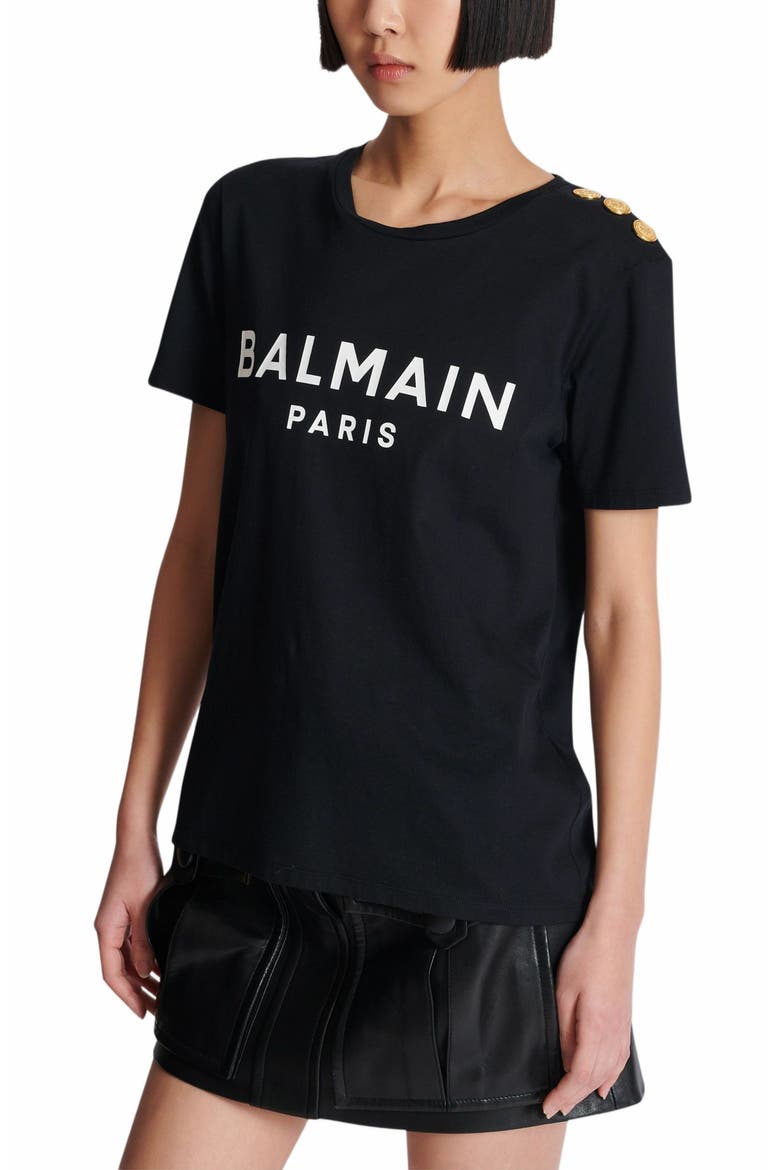 T-Shirt With Balmain Paris Print With Buttons, Alternate, color, Black