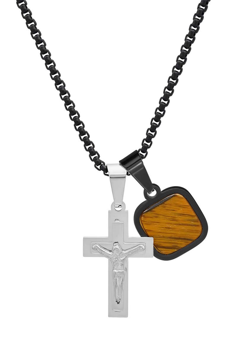 Men's Two-Tone Stainless Steel Tiger's Eye Charm & Crucifix Pendant Necklace, Main, color, BLACK