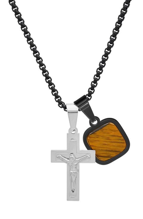Men's Two-Tone Stainless Steel Tiger's Eye Charm & Crucifix Pendant Necklace