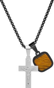 STEELTIME Men's Two-Tone Stainless Steel Tiger's Eye Charm & Crucifix Pendant Necklace