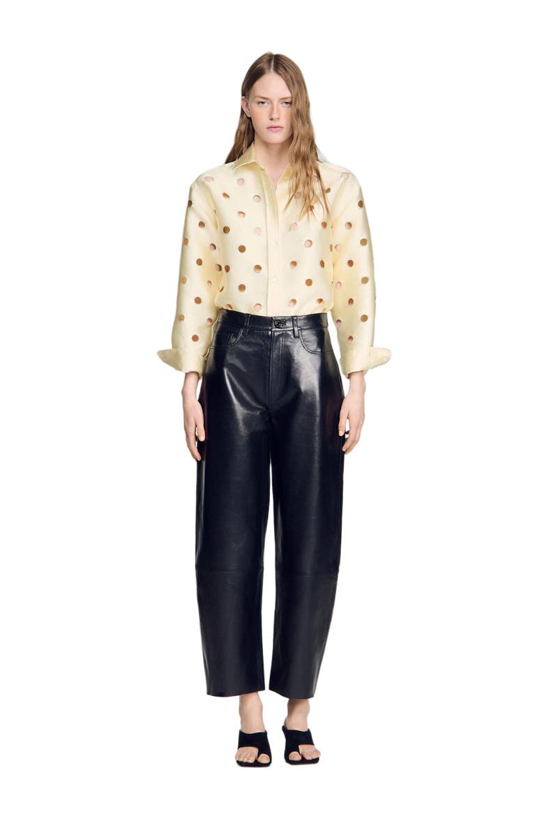 Leather barrel-leg trousers, Alternate, color, Black