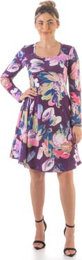 24seven Comfort Apparel Floral Long Sleeve Knee Length Dress