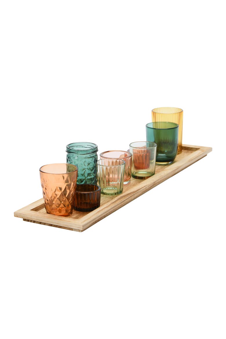 Round Glass Votive Holders on Wood Tray, Multicolor, Set of 9, Alternate, color, Multicolor