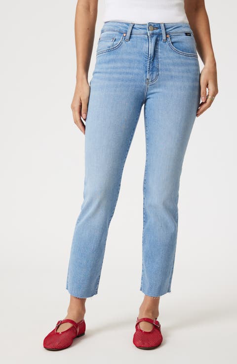Viola Raw Hem High Waist Ankle Straight Leg Jeans (Light Brushed Flex Blue)
