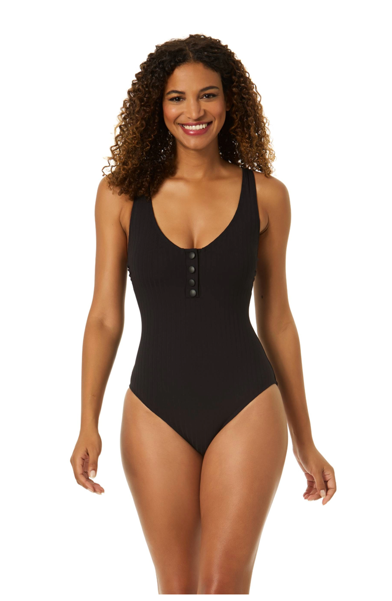 Anne Cole Women
s Luna Snap Solid Scoop Neck Halter One Piece Swimsuit, Main, color, Luna Snap Black