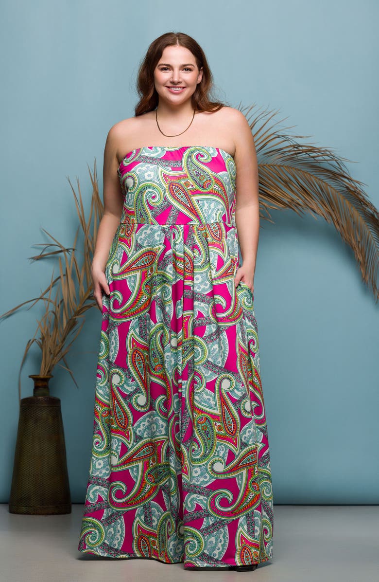 24seven Comfort Apparel Print Strapless Maxi Dress, Alternate, color, Pink Multi