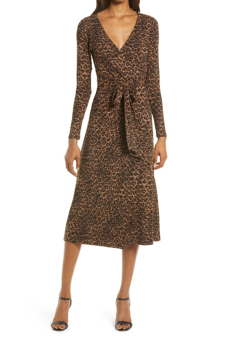 Daynight Leopard Print Long Sleeve Wrap Dress, Main, color, SEPIA LEOPARD002
