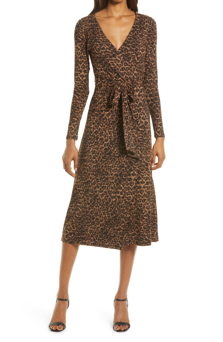 Good American Daynight Leopard Print Long Sleeve Wrap Dress, Main, color, 