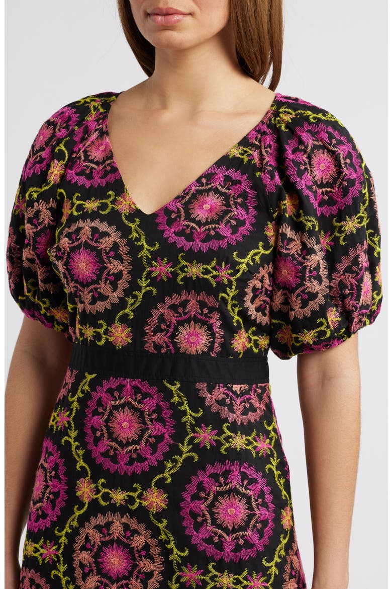 Embroidered Puff Sleeve Midi Dress, Alternate, color, BLACK/ PINK