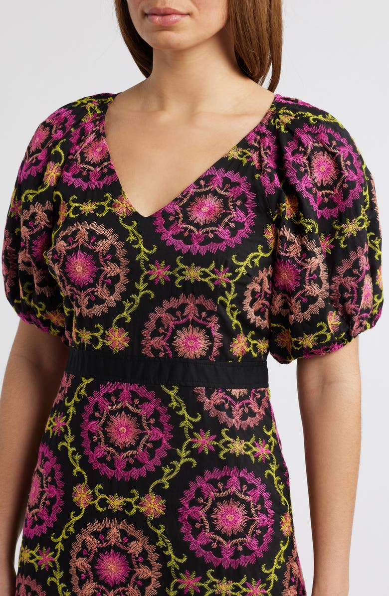Sam Edelman Embroidered Puff Sleeve Midi Dress, Alternate, color, Black/ Pink