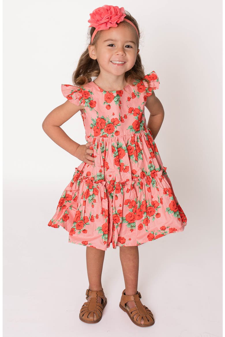Floral Print Tiered Dress, Main, color, RED