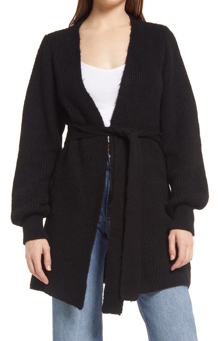Topshop Belted Blouson Sleeve Cardigan, Main, color, 