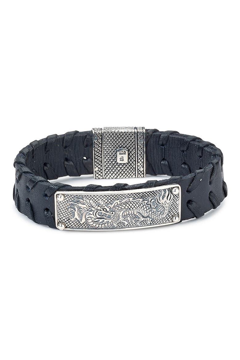 Engraved Dragon Leather Bracelet, Alternate, color, BLACK