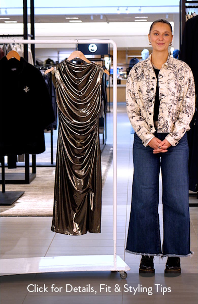 Metallic Cowl Neck Sheath Dress, sales video thumbnail