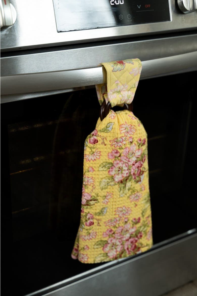 Apple Blossom Tea Towel + Set Of 3 Wooden Loop Hangers, Alternate, color, Yellow