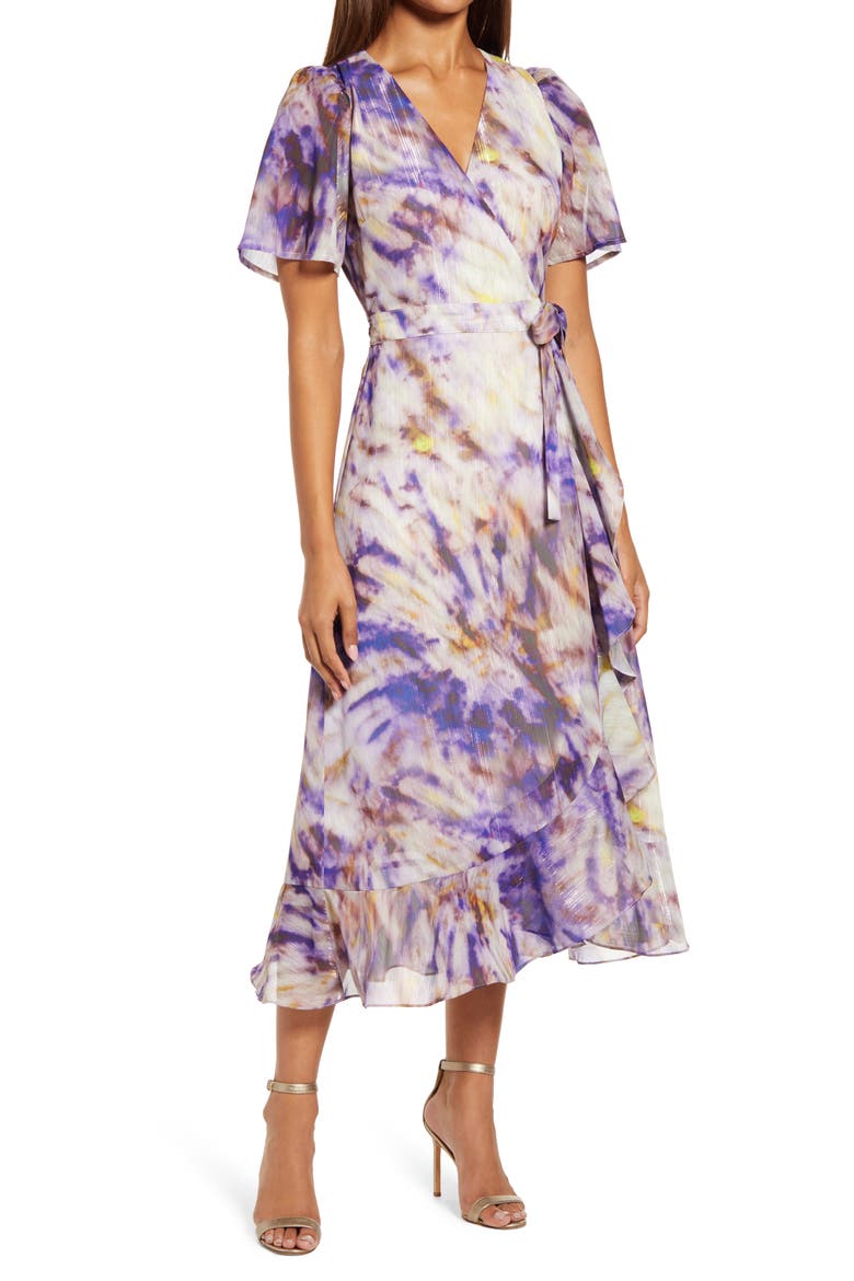 Tie Dye Faux Wrap Midi Dress, Main, color, PURPLE