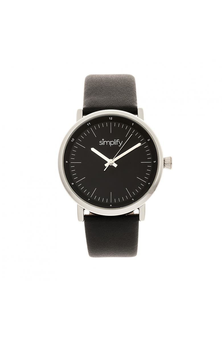 SIMPLIFY The 6200 Leather-Strap Watch, Main, color, Black/Silver