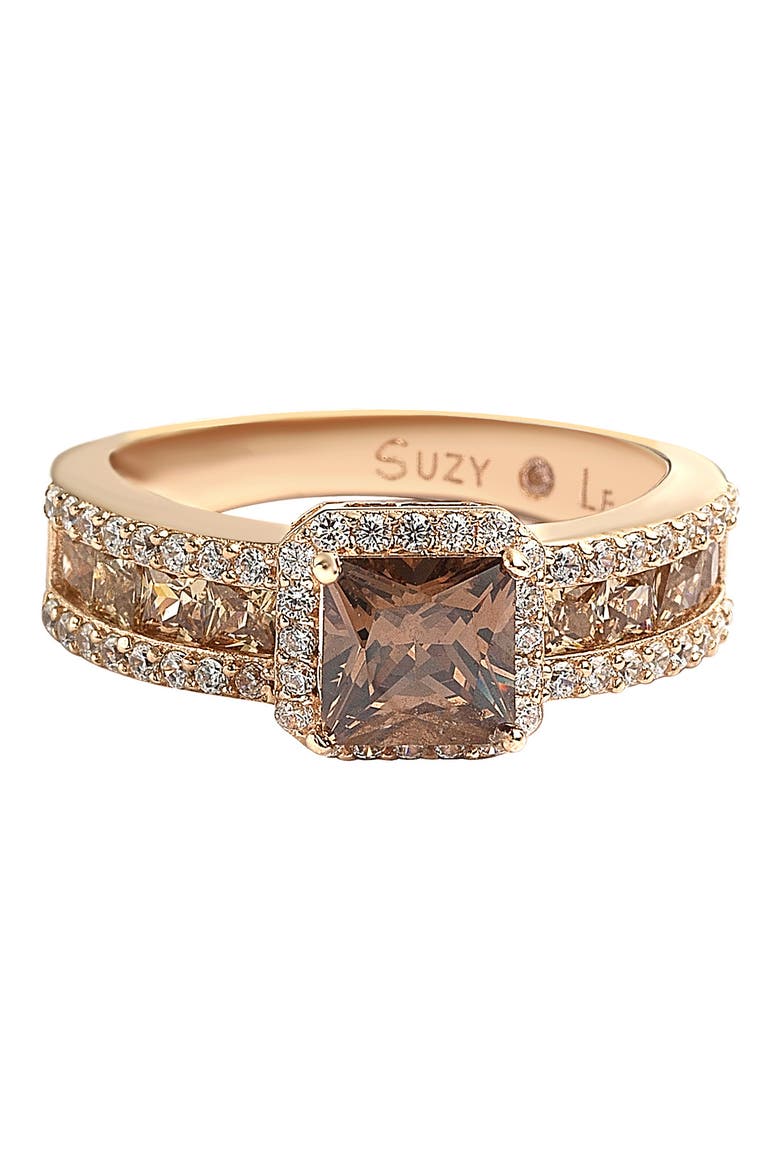 14K Rose Gold Plated Sterling Silver White CZ Halo & Brown Princess-Cut CZ Bridal Ring, Alternate, color, BROWN
