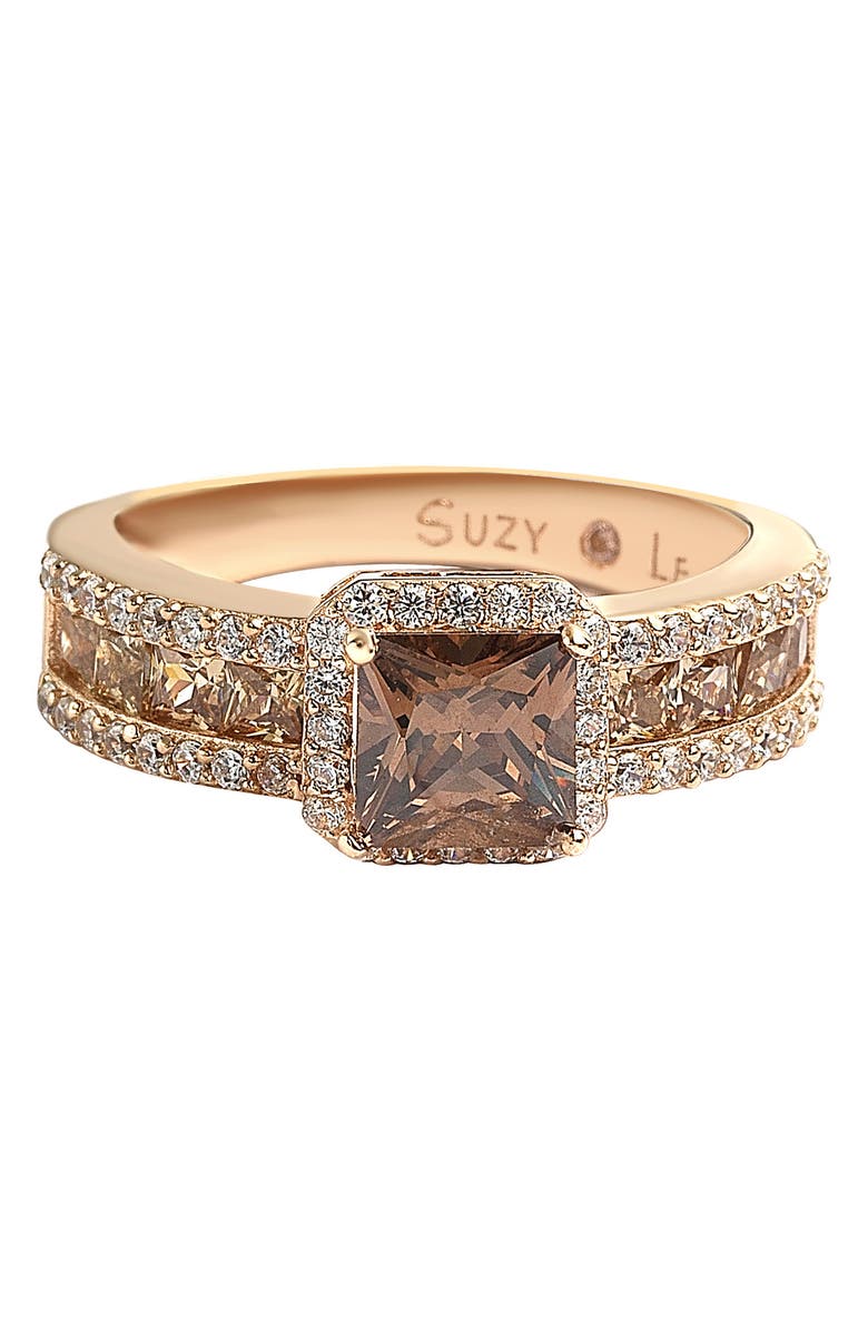 SUZY LEVIAN 14K Rose Gold Plated Sterling Silver White CZ Halo & Brown Princess-Cut CZ Bridal Ring, Alternate, color, Brown