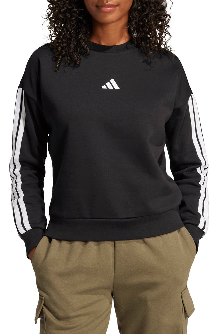 Essentials 3-Stripes Fleece Sweatshirt, Main, color, BLACK/ WHITE