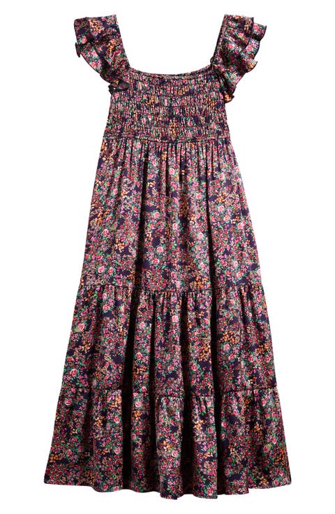 Kids' Floral Smocked Bodice Satin Maxi Dress