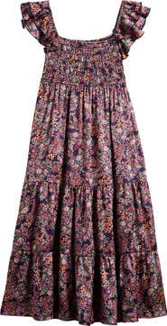Ava & Yelly Kids' Floral Smocked Bodice Satin Maxi Dress