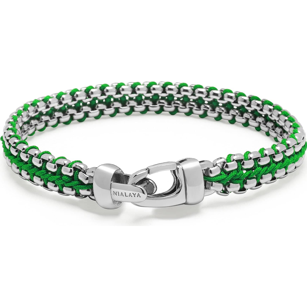 Nialaya Green Woven Box Silver Chain Bracelet In Green
