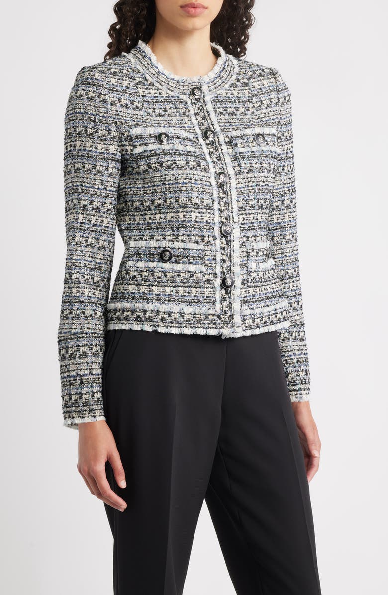 Elie Tahari The Dakota Fringe Trim Tweed Jacket, Alternate, color, Castle Blue Tweed