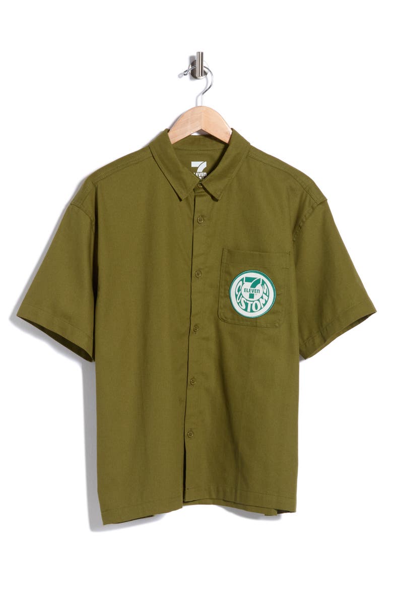 Goodie Two Sleeves Seven Eleven Mechanic Button Shirt, Main, color, Green
