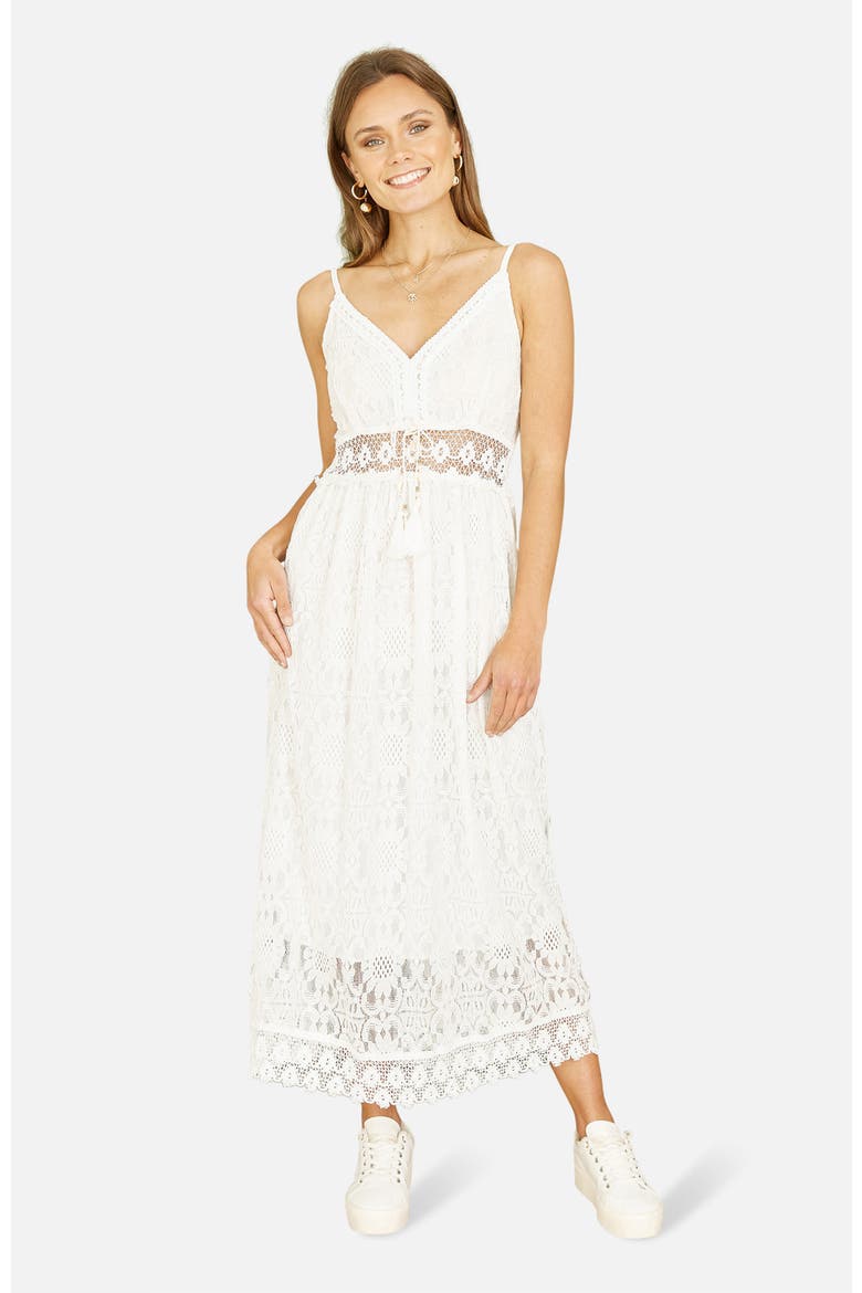 Lace Embroidered Tassel Tie Midi Dress, Main, color, White