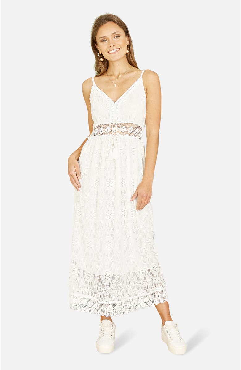 Yumi Lace Embroidered Tassel Tie Midi Dress, Main, color, White