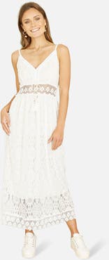 Yumi Lace Embroidered Tassel Tie Midi Dress