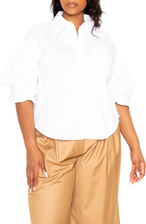 Puff Sleeve Cotton Blend Button-Up Shirt (Plus Size)