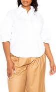 BUXOM COUTURE Puff Sleeve Cotton Blend Button-Up Shirt