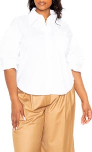 BUXOM COUTURE Puff Sleeve Cotton Blend Button-Up Shirt