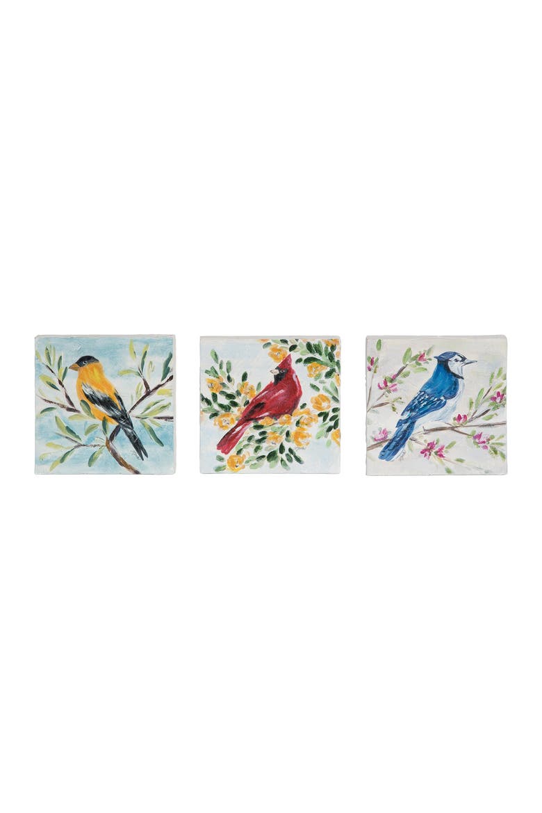 Wood Blocks Hand Painted Birds Set of 3 Multicolored for Spring Home Decor, Main, color, 3