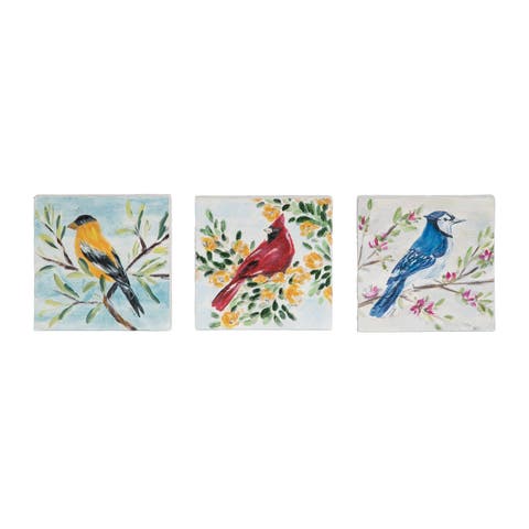 Wood Blocks Hand Painted Birds Set of 3 Multicolored for Spring Home Decor